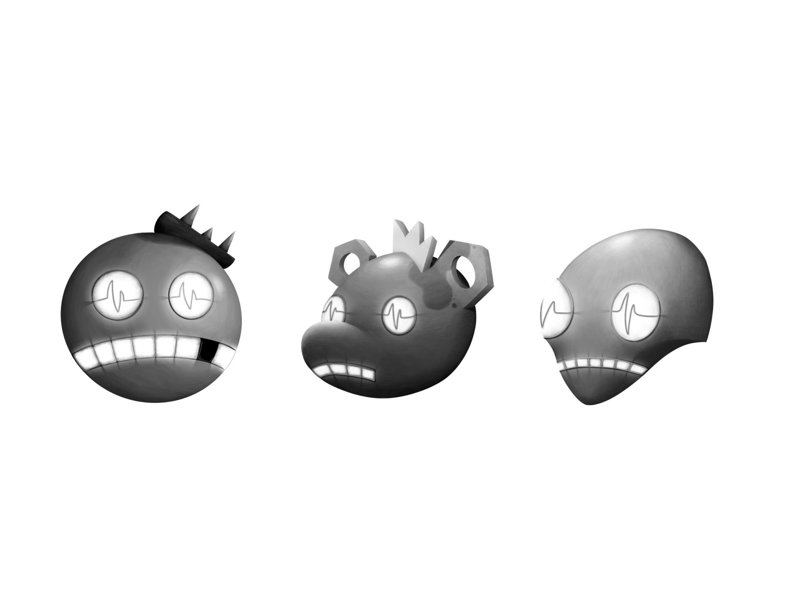 Three Robot heads. From left to right there is the king, his dog, anf his royal advisor.