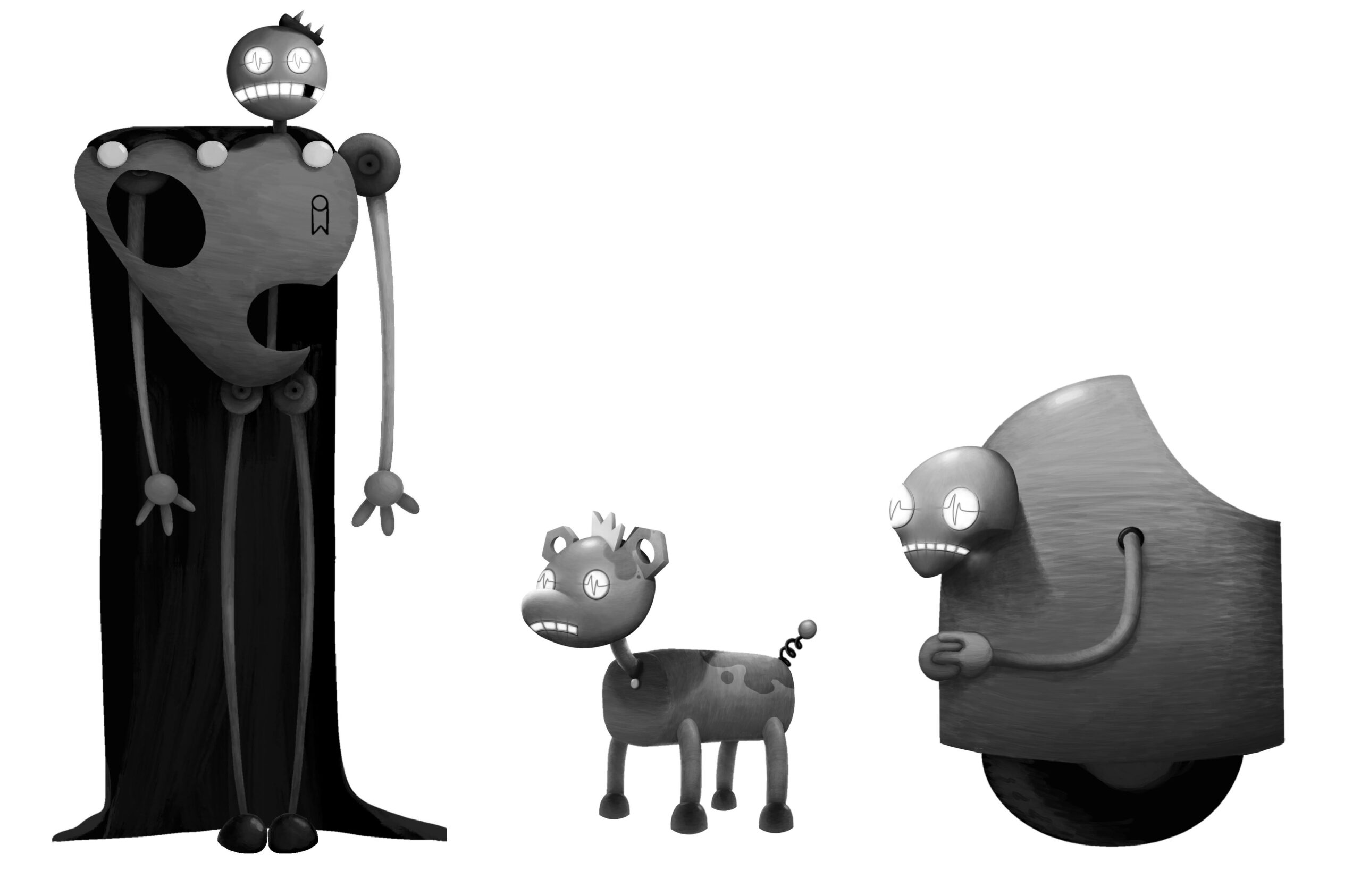 Three robots in greyscale. From left to right is a tall king with rounded edges, a Small dog with rust spots, and a round advisor.