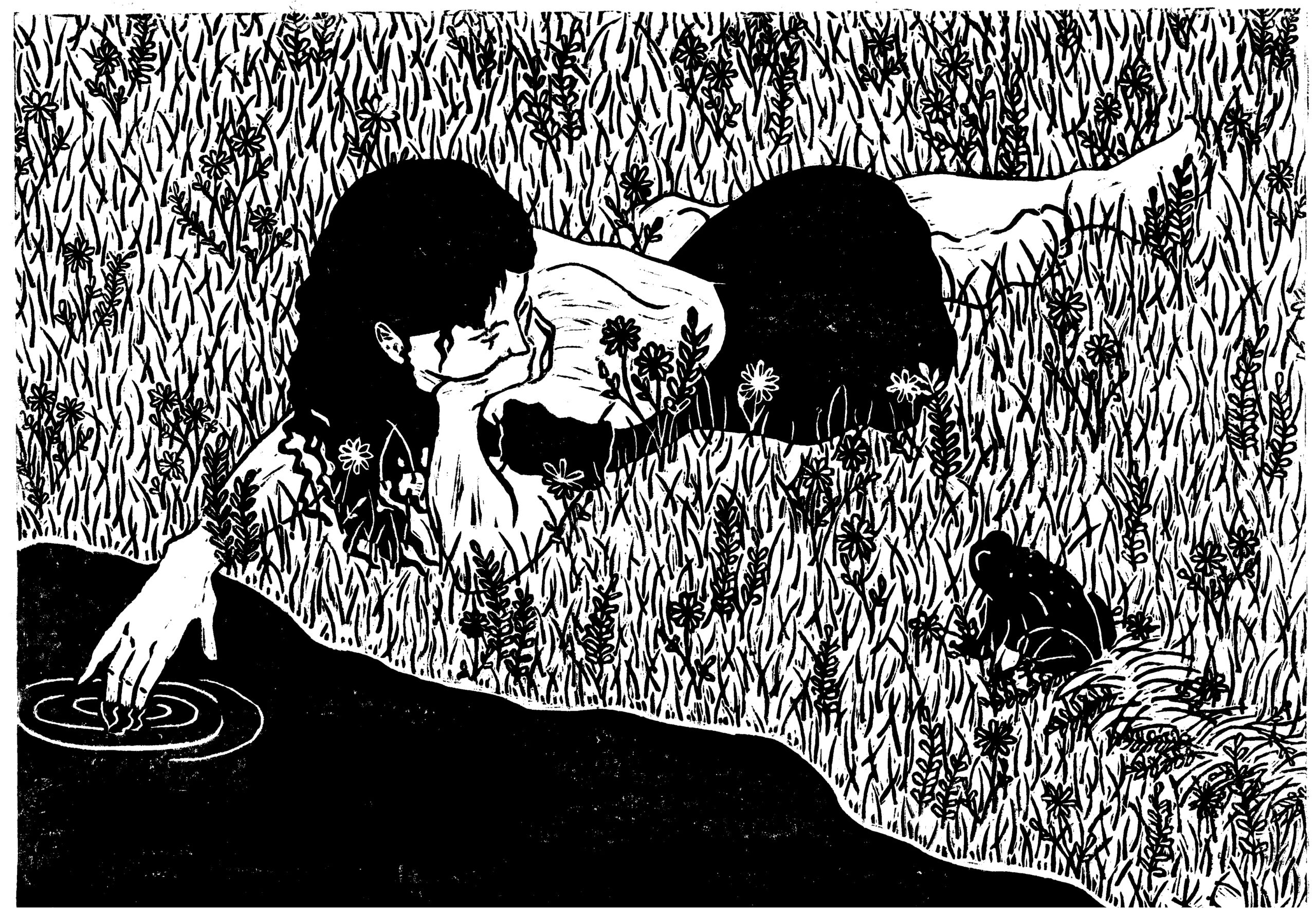 A lino print of a girl lying in a wildflower field with her fingers dipped in a pond. A frog has hopped over to her to see what'ss going on.